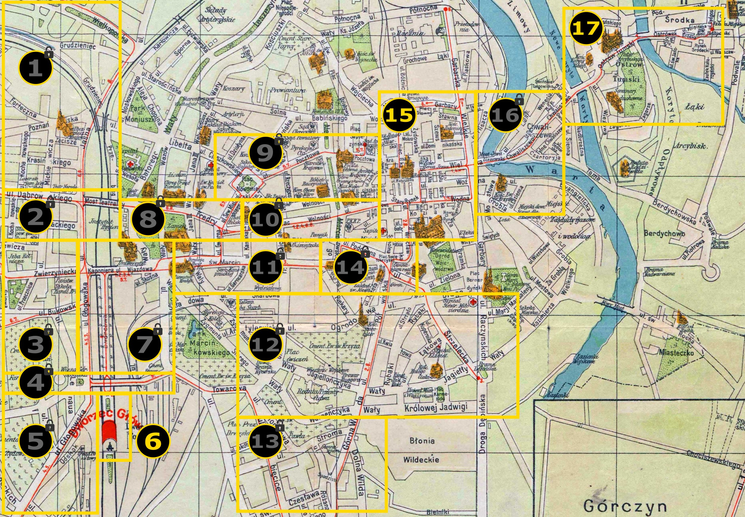 Mapa miasta z zaznaczonymi obszarami